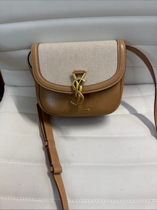Saint Laurent Handbags - Saint Laurent Tan Leather and Cream Canvas Crossbody with Gold YSL